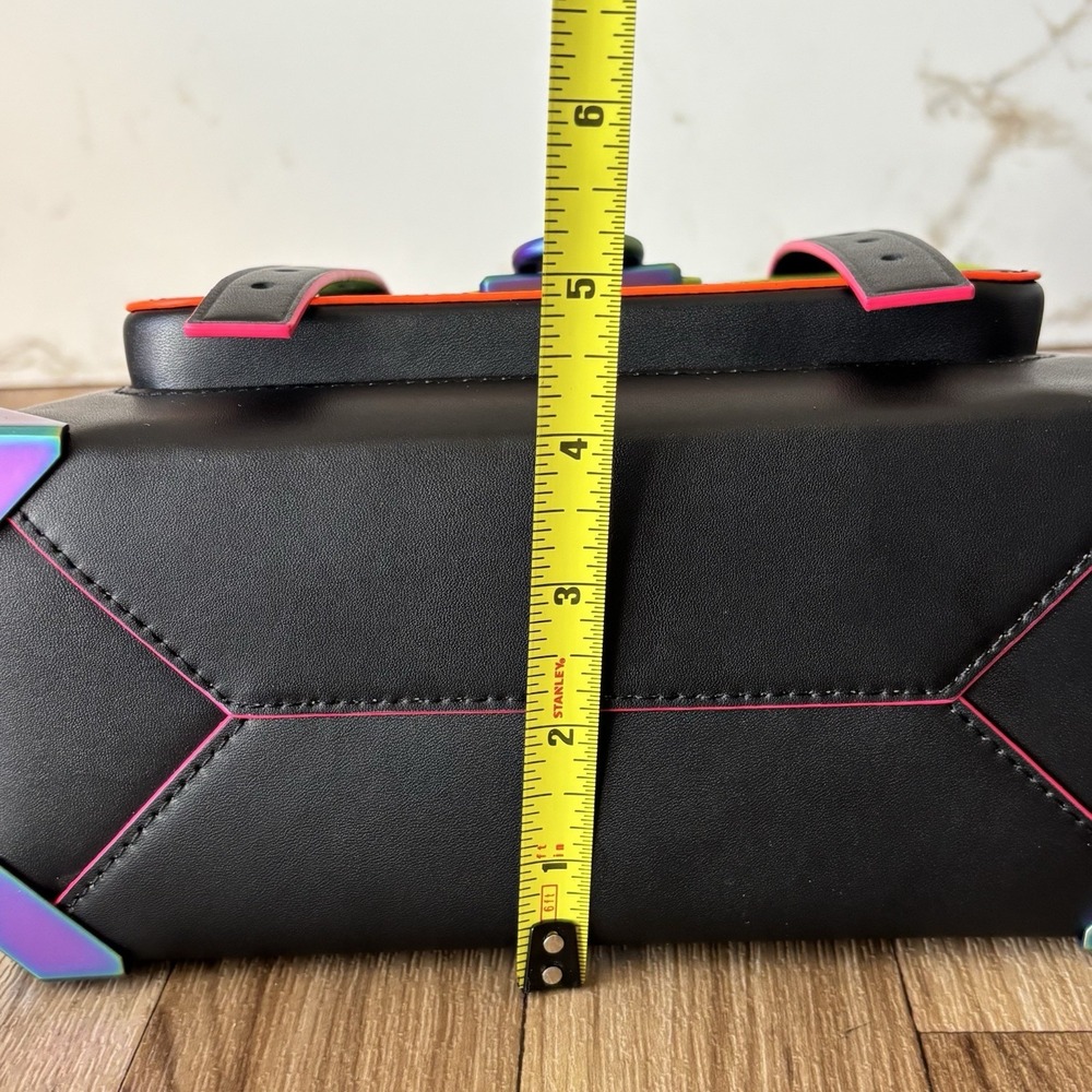 Michael Kors Manhattan Black Medium Leather Unique Satchel Neon Colors Crossbody - Picture 13 of 16